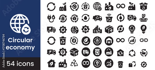 Fototapeta Circular economy icon set for a sustainable and green business. This collection includes symbols to recycle and reuse, promoting an eco-friendly environment and overall sustainability. Solid glyph 