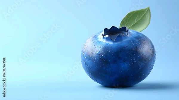 Fototapeta Single ripe blueberry with a green leaf and water droplets on a soft blue background