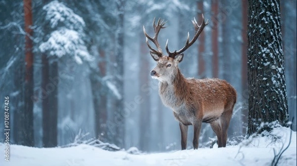 Fototapeta Majestic Stag Basking in Winter Tranquility, Forest Backdrop Perfect for NatureInspired Projects, Invoking a Sense of Serenity and Calm.