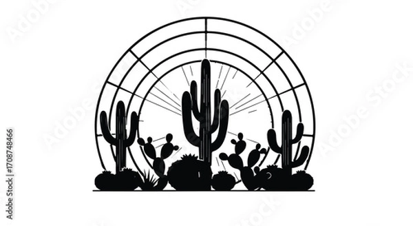 Fototapeta Stylized desert landscape with saguaro and prickly pear cacti under a geometric sun
