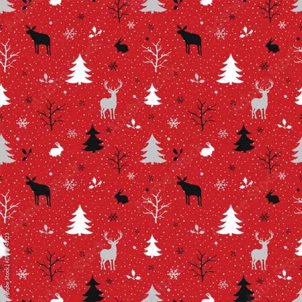 Fototapeta Winter Forest Seamless Pattern. Christmas Print. Winter Woods with Animals, Trees, Snowflakes, Snow, Leaves, Berries. White, Gray, Black Silhouettes. Template. Vector Illustration on Red Background