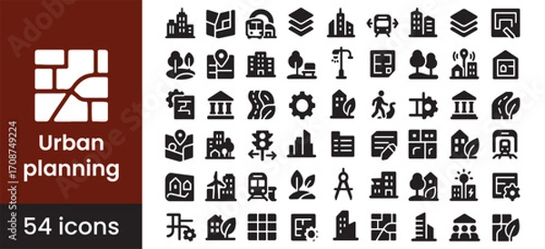 Fototapeta Urban planning and city development icon set with sustainable architecture symbols, featuring building, infrastructure, and map icons for municipal projects.

