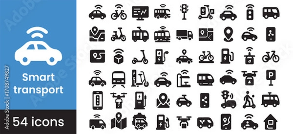 Fototapeta Smart transport and city mobility icon set for autonomous car and electric vehicle technology, featuring symbols for future urban transportation systems.

