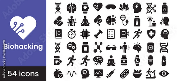 Fototapeta Biohacking icon set for health, technology, and science, featuring DNA, brain, fitness, wellness, and nutrition symbols for human optimization and biology.

