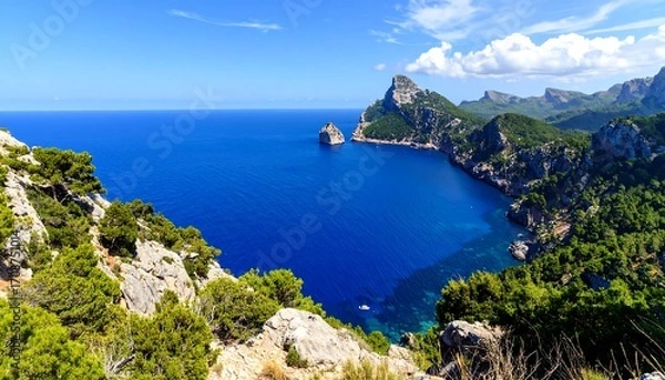 Obraz Scenic view of blue sea meeting rugged, green-covered cliffs under a bright sky