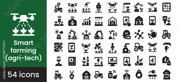 Fototapeta Smart farming and agriculture technology icon set with agri-tech symbols for AI, IoT, drone, and automation innovation in modern crop management.

