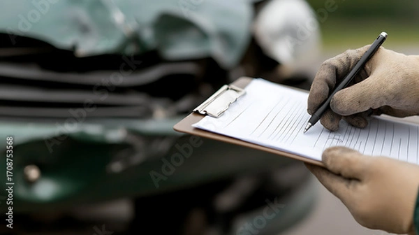 Fototapeta Documenting car damage: An individual fills out a form with a pen, documenting the visible damage to a vehicle in order to file an insurance claim.