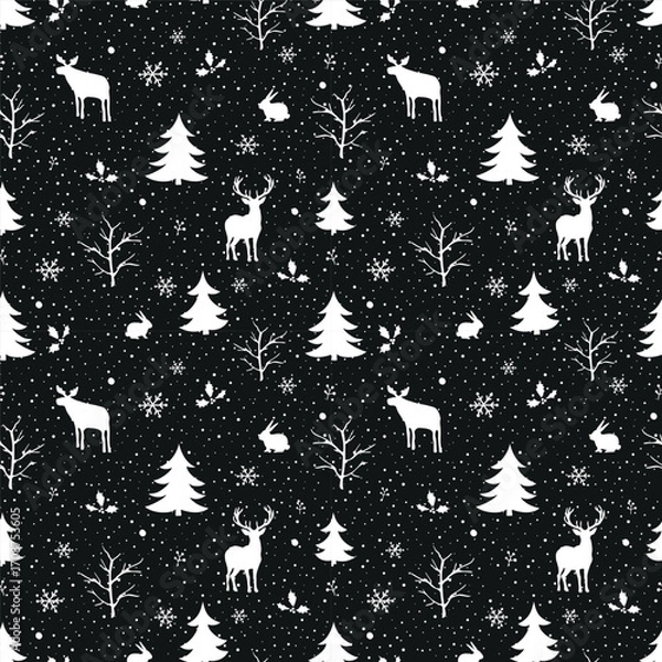 Fototapeta Winter Seamless Pattern. Christmas Print. Winter Forest with Wild Animals, Trees, Snowflakes, Leaves, Berries. White Silhouettes. Template. Vector Illustration on Black Background