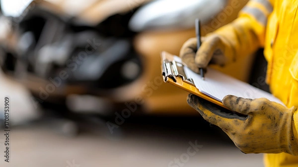 Fototapeta Documenting Vehicle Damage: An individual in workwear carefully documents the damage to a vehicle on a clipboard, focusing on details of the accident.
