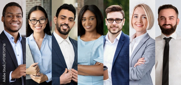 Fototapeta A diverse group of business professionals is standing close together, showcasing teamwork.