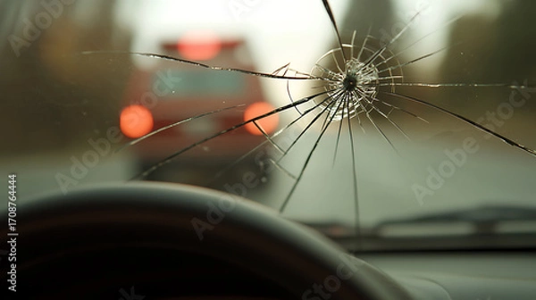 Fototapeta Impact! A car windshield spiderwebs after a collision. Safety glass shatters, creating a dangerous driving hazard. Seek immediate repairs!