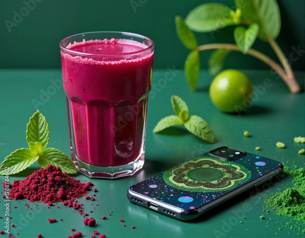 Obraz A vibrant pink smoothie, green lime, silver phone, and red powder are arranged on a green surface.