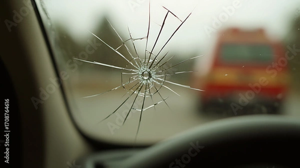 Fototapeta Cracked windshield with vehicle in the distance. Safety is important. Please drive safely, don't use the mobile phone while driving. Focus on driving.