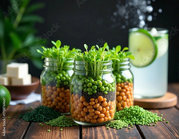 Obraz Three glass jars filled with vibrant green sprouts and orange beans are arranged on a wooden table, accompanied by a glass of water and a lime slice.