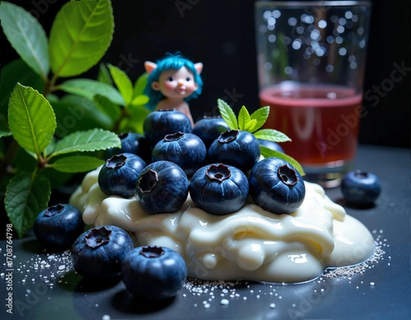Obraz A small figurine with blue hair sits atop a mound of fresh blueberries, accompanied by a glass of reddish-pink juice and a garnish of green leaves.