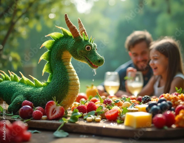 Fototapeta A green dragon toy with horns and open mouth is surrounded by fruits and cheese on a table, with two people in the background.