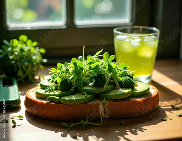 Obraz A wooden table holds a sandwich with avocado, microgreens, and cucumber, accompanied by a refreshing green drink and a green phone.