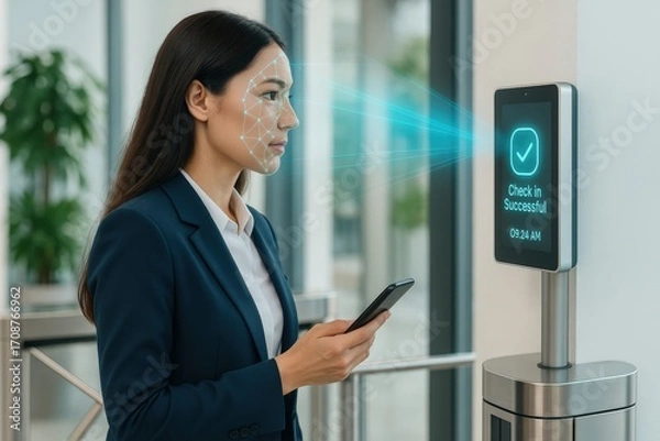 Fototapeta A person using facial recognition to enter the office, innovation for security