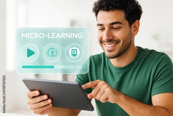 Fototapeta A person is happily studying on a tablet for micro-learning