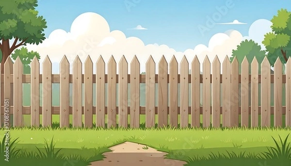 Obraz Cartoon backyard scene, wooden fence divides green lawn from trees under a bright sky