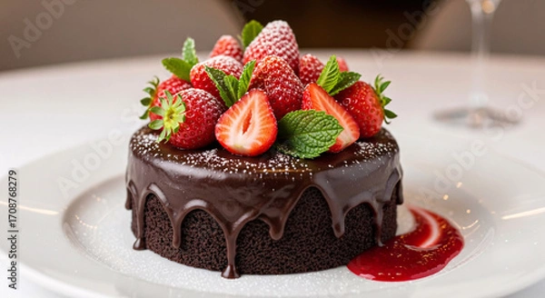 Fototapeta Chocolate cake with strawberries and mint on a white plate.