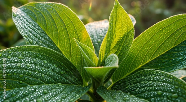 Fototapeta Lush green plant leaves covered in sparkling morning dew drops with soft sunlight.