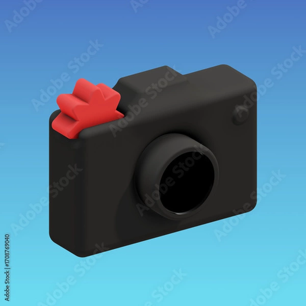 Fototapeta Modern 3D illustration of a black camera with a red star-shaped button on top, isolated on blue background. Perfect for apps, design, and web projects.