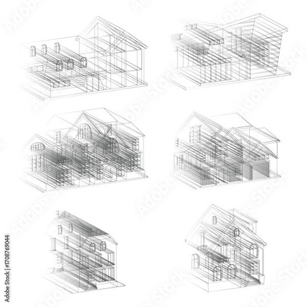 Fototapeta Abstract architecture line drawing, buildings wireframe illustration. Explore the captivating world of abstract geometric patterns that inspire innovative design and artistic expression