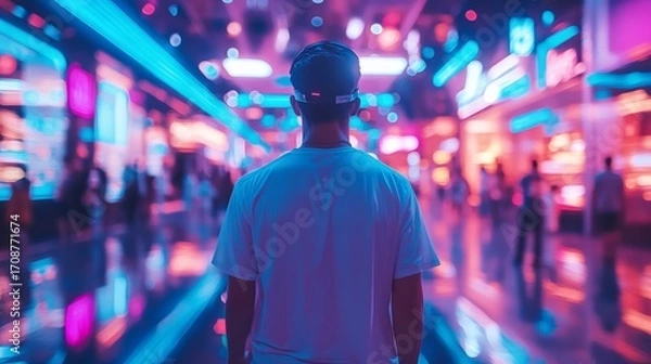 Obraz A man walks through a futuristic city at dusk, his reflection caught in glass and neon