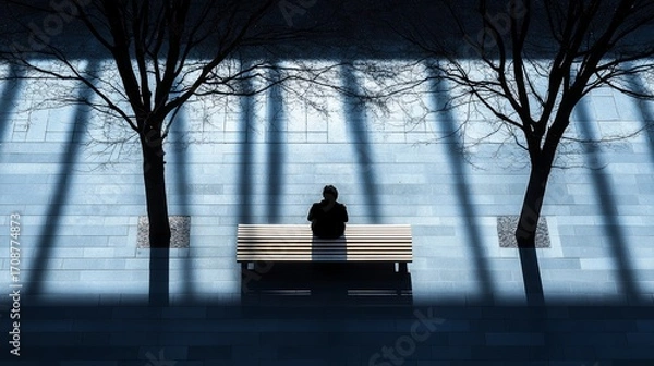 Obraz Overhead view of a solitary figure on a bench in a vast concrete plaza under harsh grid-like shadows