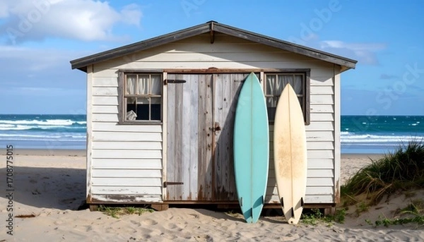 Obraz Surfboards lean against a weathered beach shack door, with beach and ocean visible