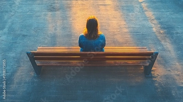 Obraz Overhead view of a solitary figure on a bench in a vast concrete plaza under harsh grid-like shadows