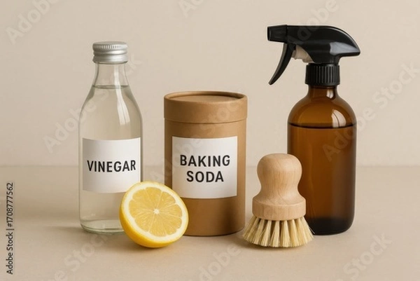 Fototapeta Cleaning supplies including vinegar, baking soda, and a scrub brush arranged on a light background for natural cleaning solutions