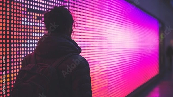 Obraz A silhouetted figure stands in front of a giant glowing digital billboard at night