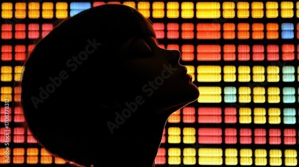 Obraz A silhouetted figure stands in front of a giant glowing digital billboard at night