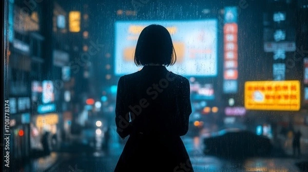 Obraz A silhouetted figure stands in front of a giant glowing digital billboard at night