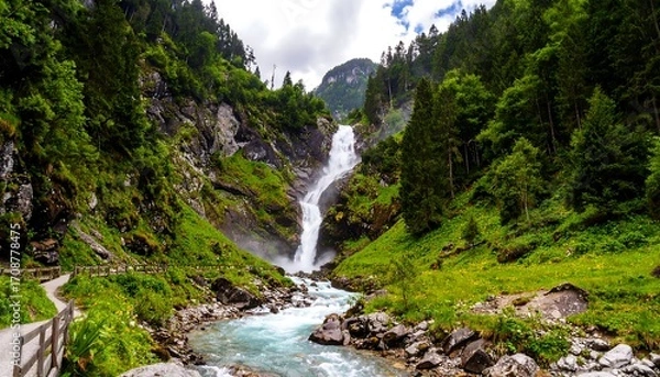 Obraz Cascading waterfall in a forested valley with lush vegetation and a rocky riverbed