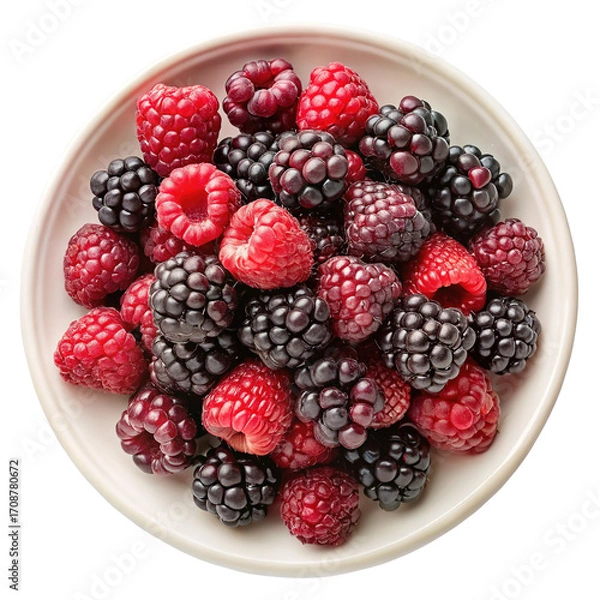 Fototapeta A delicious assortment of fresh raspberries and blackberries in a white bowl isolated on transparent background