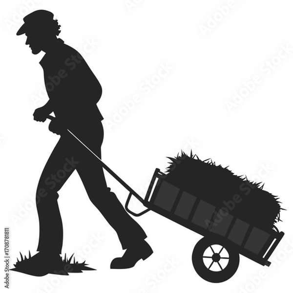 Obraz Man pushing hay cart