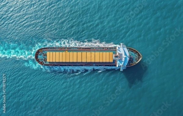 Fototapeta Container Ship Navigating Through Clear Blue Waters in Bright Sunlight