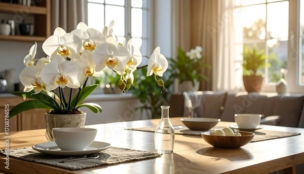 Fototapeta Sunlit dining scene with white orchids, wooden table and place settings for four