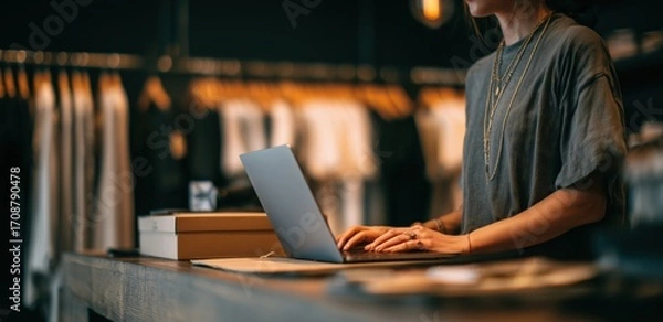 Fototapeta a person stands at the counter of their store, typing on an open laptop computer with hanging in the background and a box containing new items sitting nearby Generative AI