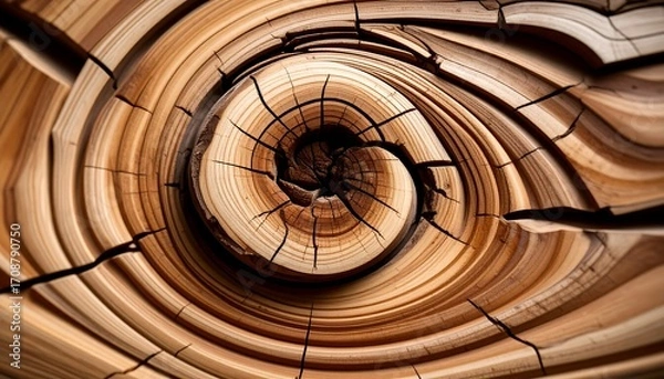 Fototapeta Abstract swirling wood grain pattern with concentric rings and radial cracks, close-up