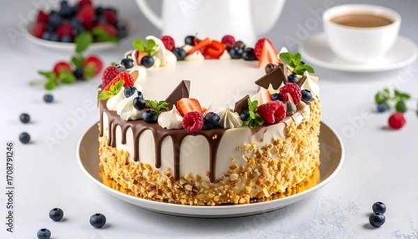 Obraz Cake with drip frosting, nuts, whipped cream, fruit topping, berries, and a drink