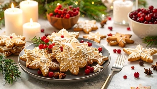 Obraz Wintery arrangement with snowflake cookies, berries, candles, and evergreen sprigs