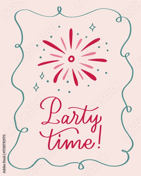 Fototapeta Retro vintage print in coquette core style. Ready print for Christmas poster, greeting card, placard. Hand drawn drawing for xmas time with elegance calligraphy slogan and firework.