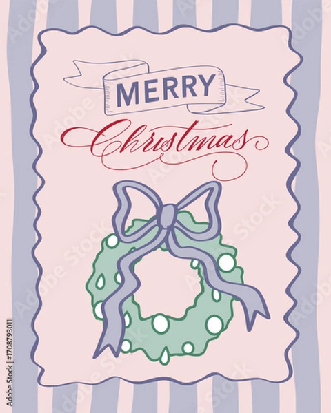 Obraz Retro vintage print in coquette core style. Ready print for Christmas poster, greeting card, placard. Hand drawn drawing for xmas time with elegance calligraphy scripts and wreath.