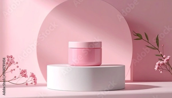 Obraz Pink cream jar on white platform, in sunlit pink scene with flowers and circle backdrop