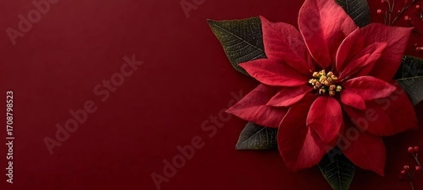 Fototapeta Elegant red poinsettia flower with glittery green leaves on a deep red background with copy space