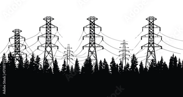 Obraz Modern electrical transmission tower vector, High voltage pylon and power line illustration, Industrial energy grid design, Utility tower silhouette and icon